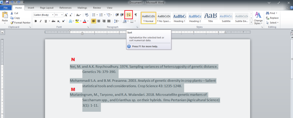 Blok referensi dalam daftar pustaka di lembar kerja Microsoft Word.