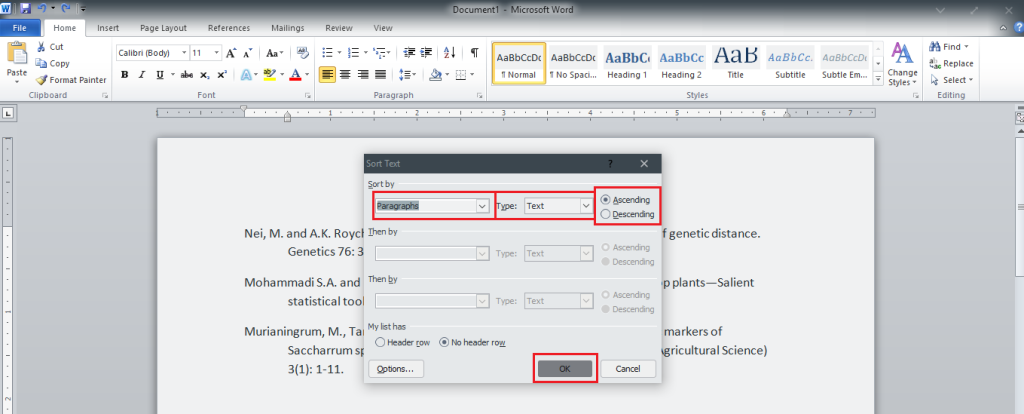 Pilih “Paragraph”, Type pilih “Text”, dan juga pilih “Ascending” pada kotak Sort Text