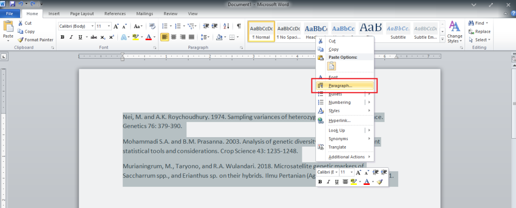 Klik kanan pada paragraf yang di blok tersebut dan pilih “Paragraph”
