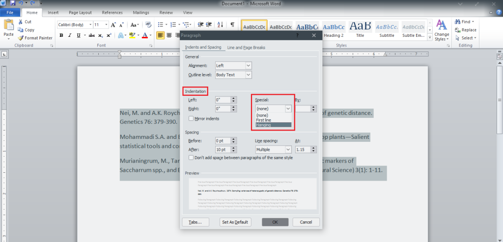 Cari pilihan “Indentation section” dan ubah dari dropdown “Special” menjadi “Hanging”