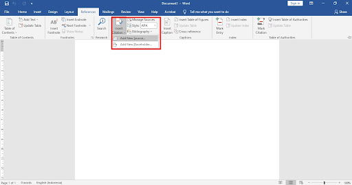 Cara membuat daftar pustaka otomatis. Pilih “Insert Citation” dan kemudian klik “Add New Source”.