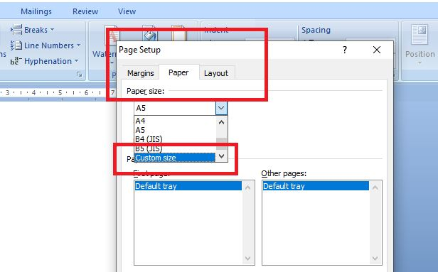 Pada jendela Page Setup, arahkan kursor ke tombol drop down di “Paper Size” lalu pilih “Custom Size”. 