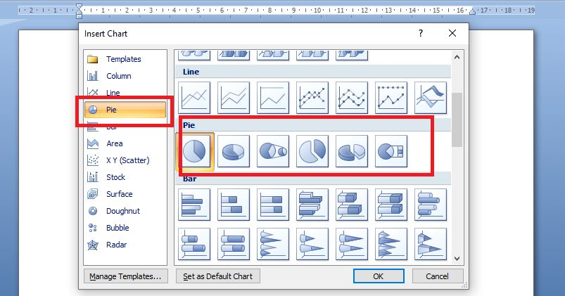 Di jendela “Insert Chart”, “Pie” dan pilih desain atau tampilan di sisi sebelah kanan.