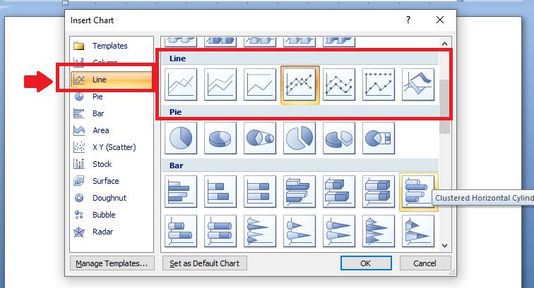 Di jendela “Insert Chart”, klik “Line” dan pilih desain atau tampilan di sisi sebelah kanan.
