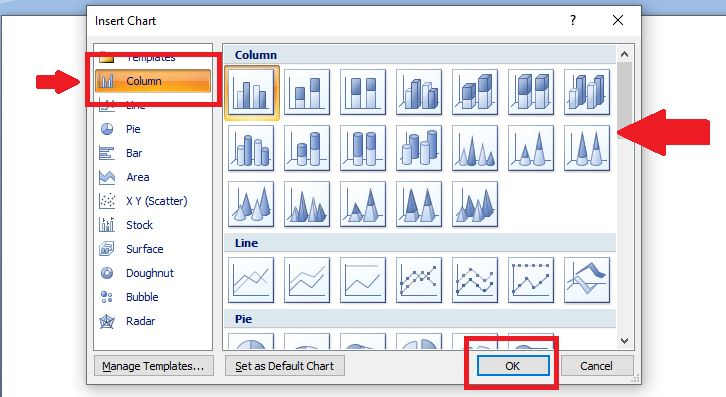 Di jendela “Insert Chart”, klik menu “Column” dan pilih desain atau tampilan di sisi sebelah kanan.