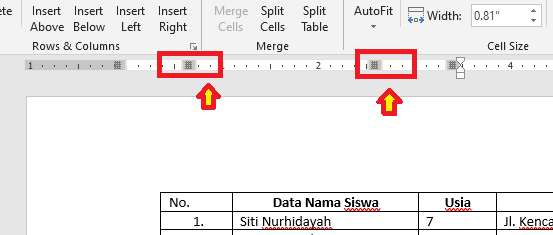 cara merapikan tabel dengan menu Ruler