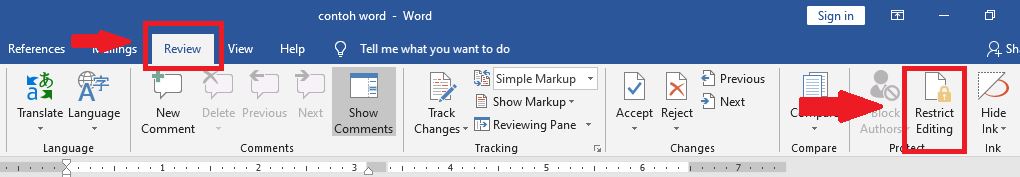Klik opsi ‘Review’ dan pilih ‘Restrict Editing’ 