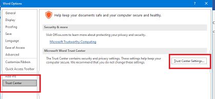 pilih ‘Trust Center’ lalu klik ‘Trust Centre Settings’