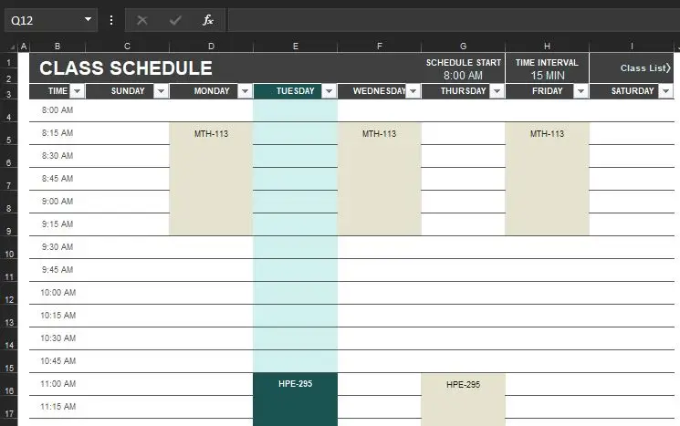 Template Student Schedule