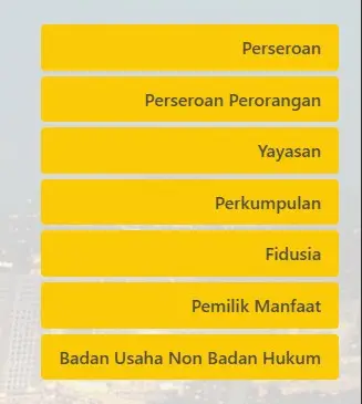 Jika bentuk perusahaan penerbit buku selain PT, maka untuk menampilkan formulir pencarian bisa klik tanda 3 garis horizontal di bagian pojok kanan atas website Ditjen AHU. Kemudian pilih bentuk perusahaan yang akan dicari. Tampilannya seperti gambar di bawah ini:
